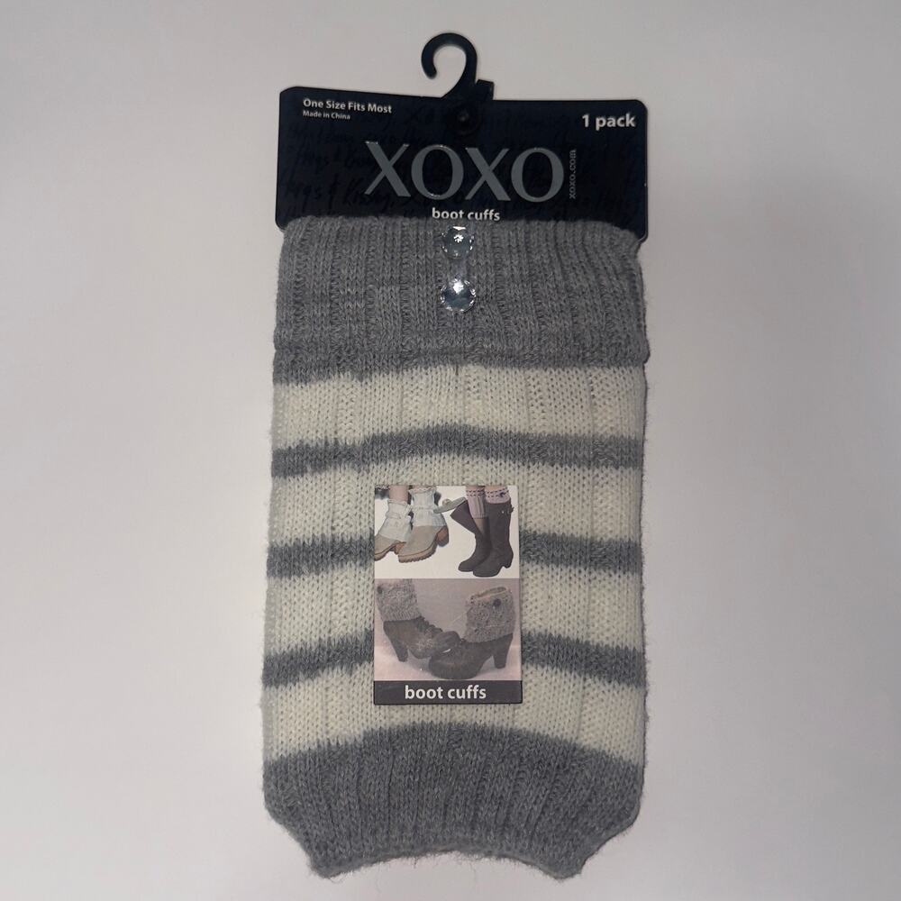 XOXO Gray & Ivory Striped Knit Boot Cuffs with Rhinestone Buttons | One Size